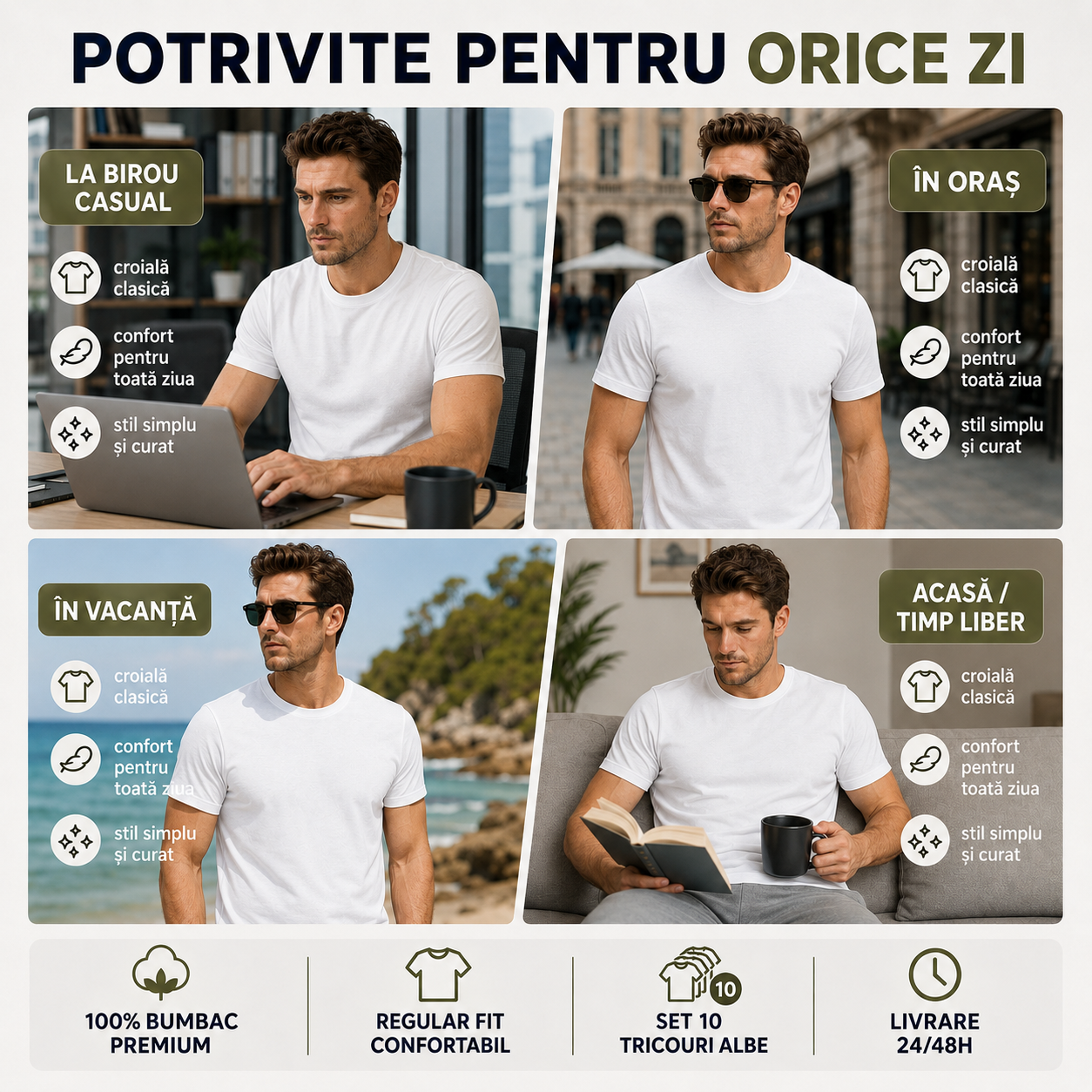 Set 10 tricouri bărbați albe 100% bumbac simple clasice XS-5XL